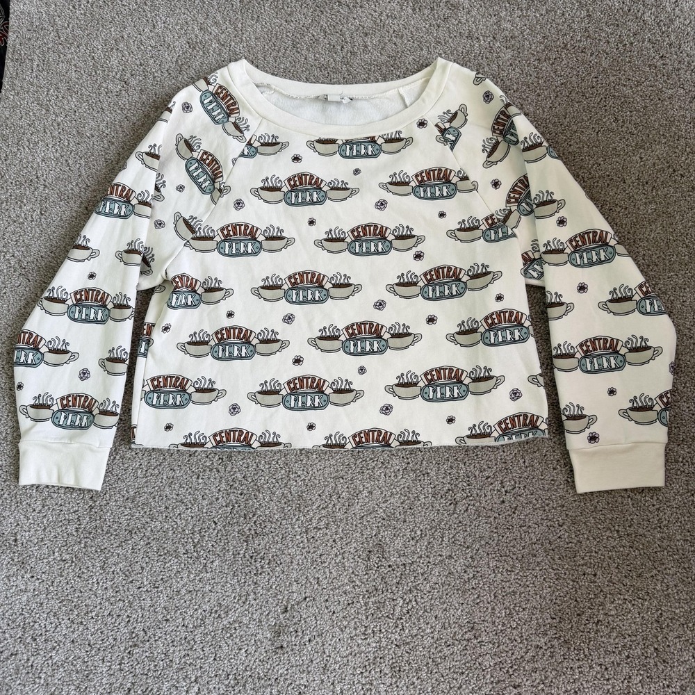 American Eagle Shirt Womens L White Friends Central Perk Fleece Raglan Crop Top